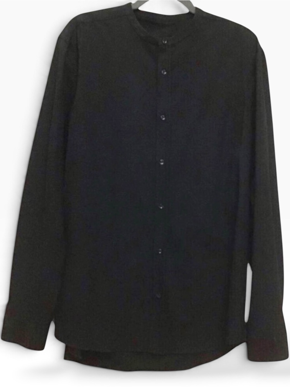 THE Melange black men’s long sleeves button down shirt mandarin collar L…